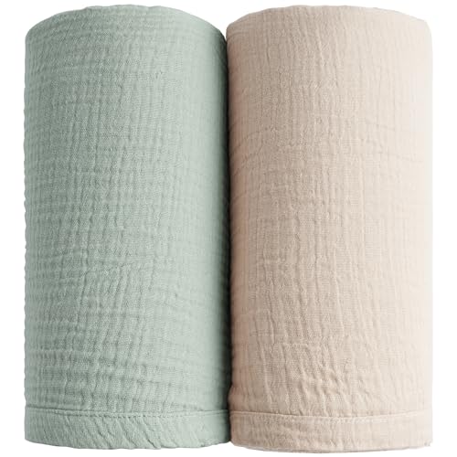 Image of Konssy Muslin Swaddle Blankets for Boys Girls, 2 Pack Receiving Baby Blanket Large 47 x 47 inches, Soft Breathable Swaddling Wrap for Unisex Newborn (Green, Cream)