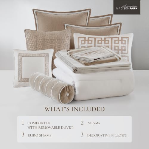 Image of Madison Park Signature Oversized King Comforter Set, Luxury Hotel Style Bedding with Embroidered Details, All Season Down Alternative Comforter, Matching Shams & Decorative Pillows, Ivory /Tan, 9 Piece