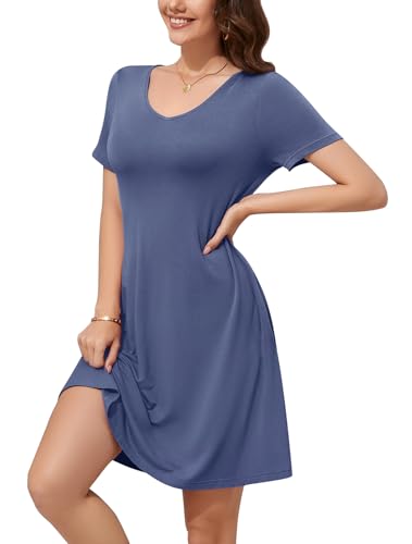 Image of WEACZZY Summer Dresses for Women 2026 V-Neck Casual T Shirt Dress Loose Short Sleeve Flowy Dresses with Pockets