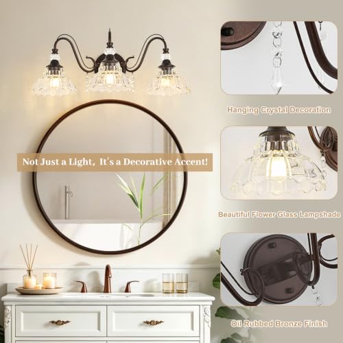 Image of Vintage Bathroom Vanity Light, 3-Light Oil Rubbed Bronze Finish Wall Sconce with Hanging Crystal Accents and Flower-Shaped Clear Glass Shades, Retro Wall Mount Vanity Light Over Mirror for Bathroom