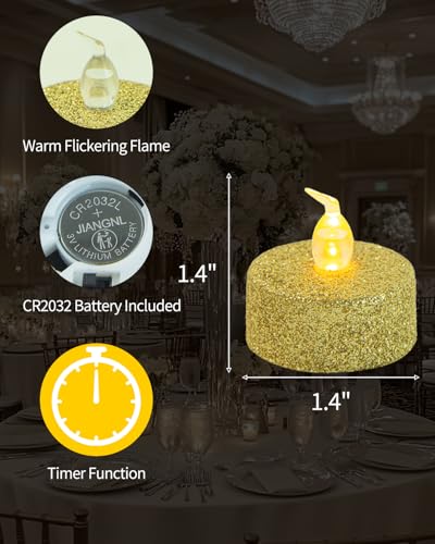 Image of Gold Glitter Tealights Candles with Timer, 12 Pack | Battery Operated Tea Lights for Wedding, Christmas Decorations,Anniversary, Built-in 6 Hours