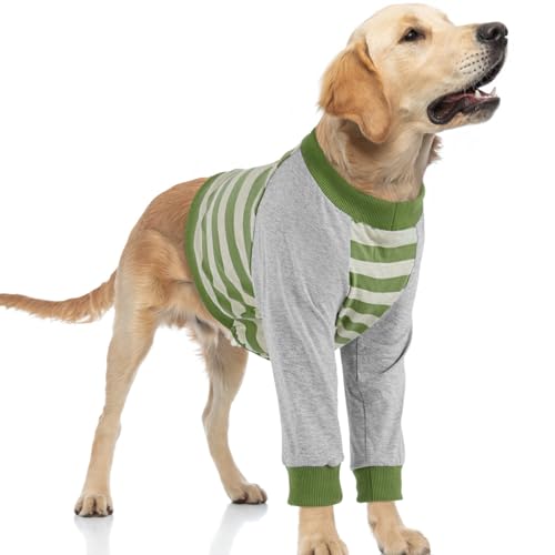 Image of FUAMEY Dog Recovery Sleeve with Elbow Protector,Dogs Shirt Stop Licking Joints,Pet Long Sleeve Suit Protecting Dog's Front Leg Arm Wounds Cover Skin Conditions Green Stripes 2XL