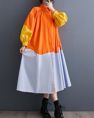 ellazhu Women's Button Down Patchwork Maxi Length Oversized Color Block Shirt Dress GZ133 A2