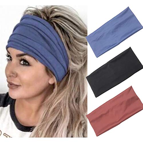 Gangel Sport Headbands Yoga Wide Head Wraps Elastic Athletic Hairbands Running Sweatbands Stretch Cotton Fabric Head Bands Exercise Running Hair Accessories for Women and Girls(Pack of 3)