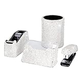 Bling Crystal Luxury Handmade Diamond Pencil Pen Pot Holder & Stapler & Card Holder & Desktop Tape Dispenser Office Stationery Kit for Fashion Girls Women (White Round)