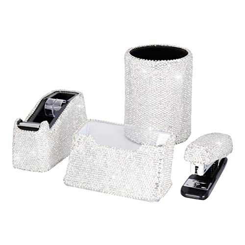 Bling Crystal Luxury Handmade Diamond Pencil Pen Pot Holder & Stapler & Card Holder & Desktop Tape Dispenser Office Stationery Kit for Fashion Girls Women (White Round)
