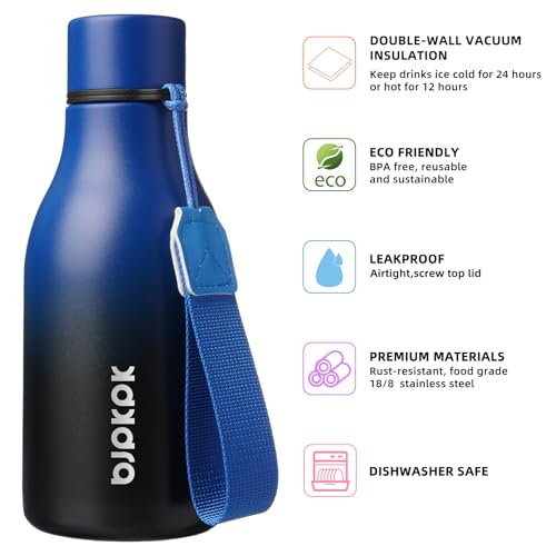 Image of BJPKPK Insulated Water Bottles, 12oz Stainless Steel Metal Water Bottle with Strap, BPA Free Leak Proof Jugs, Mugs, Flasks, Reusable Thermal Flasks for Sports & Travel, Blue Black