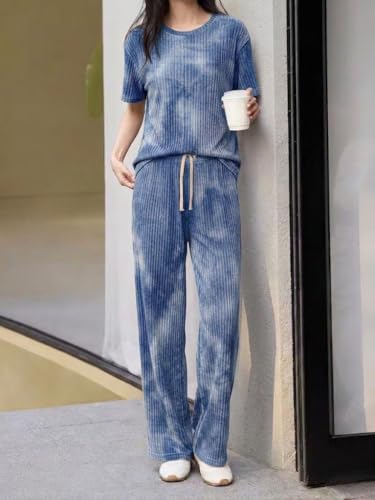 Image of SMOWKLY Korean Night Dress |Summer wear | Lounge Wear |Everyday Pyjama Set |Tie-dye Relaxed Fit Stylish Pajama Sets | Short Sleeve Top & Long Pant Sleepwear Pjs Lounge Set Co-ords Outfit with Pockets