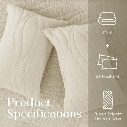 Image of DOWN HOME Crinkle Textured Velvet Quilt Set with Shams, All-Season Luxury Modern Bedding,Easy Care Comforter,Ultra-Soft,Lightweight & Breathable, Cali King, Ivory White