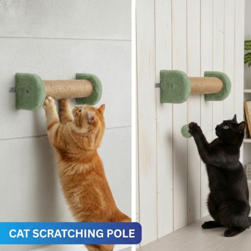 Image of Wall-Mounted Cat Scratching Post, Natural Jute Rope, Plush Cushioned Ends, Space-Saving Design (5X16) FURR-156 (Green)
