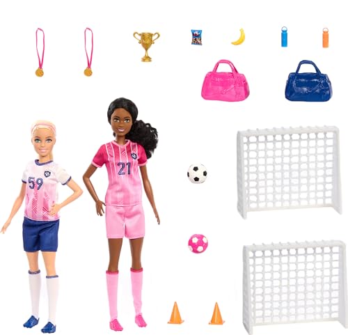 Barbie Métiers Footballeuses Coffret 2 poupées et 15 Accessoires avec poupées Brooklyn Blonde Petite 2 buts 2 Ballons et Plus Encore - vue 4