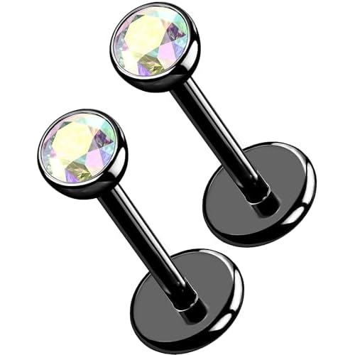 OUFER 2Pcs 20G/18G/16G G23 Titanium Threadless Nose Stud Earrings Flat Back Tiny CZ Small Nose Helix Cartilage Tragus Conch Labret Medusa Monroe Piercing Jewelry for Women Men Black AB 2pcs,