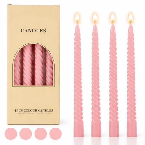 Morandi Light Pink Twisted Long Taper Candles - Elegant 4Pcs Spiral Design with 4-7 Hour Drip-Free Burn for Candlesticks Wedding Christmas Halloween Birthday Party and Table Decor