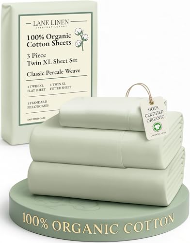 LANE LINEN 100% Mercerized Organic Cotton Twin XL Sheets Set, Soft & Comfy Percale Weave - Perfect for Hospital beds or Dorm Room, Luxury Hotel Like Sheets Twin XL Size Sheet Set - Mineral