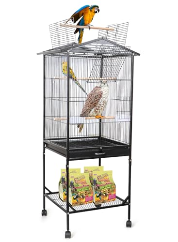 Homarket Large Metal Bird Cage Open Top Standing Parrot Parakeet Cage, Bird Flight Cage with Rolling Stand and Bottom Tray, Bird Villa House with Feeding Cup (Black 2 layer 46X46X120 cm)