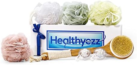 Healthyezz Loofah, back brush, shower hook Bundle. Boar Bristle Long Wooden Handle Wet or Dry Body Brush, 4 Loofah Bath Poufs and Two Suction Hooks for Loofah & Exfoliating Brush –