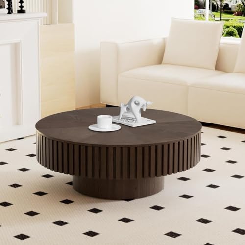 YAOBAO Round Coffee Table with Hidden Storage, 80cm Circular Modern Fluted Storage Coffee Table, Brown Wooden Drum Centre Tables for Living Room Compact Spaces, H Round Brown 80cm