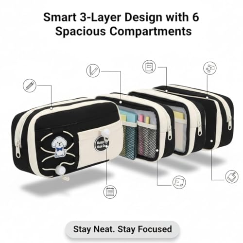 Image of Canvas School Bag Pencil Case, 3 Layer 6 Compartment Large Capacity, Aesthetic Pencil Pouch for Stationary, Cute Stationery for Kids, Pencil Case for Girls & Boys (Nice Day Black)
