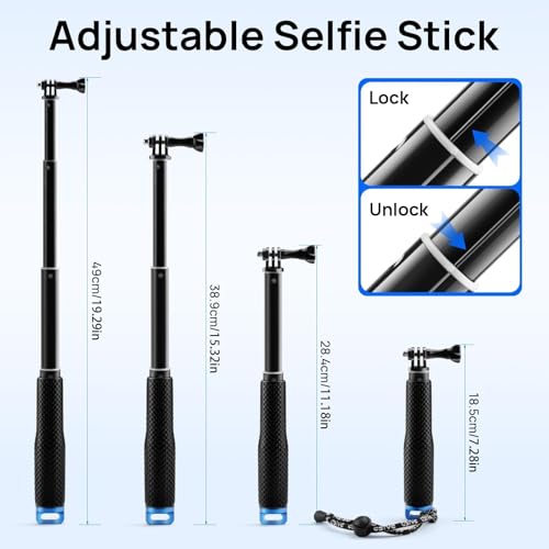 Image of GlasFlength Selfie Stick for GoPro Hero 12 11 10 9 8 Black, Telescopic Selfie Stick for Insta360 /X3 /One DJI Mini 3 Pro and Other Action Cameras (Aluminium Alloy)