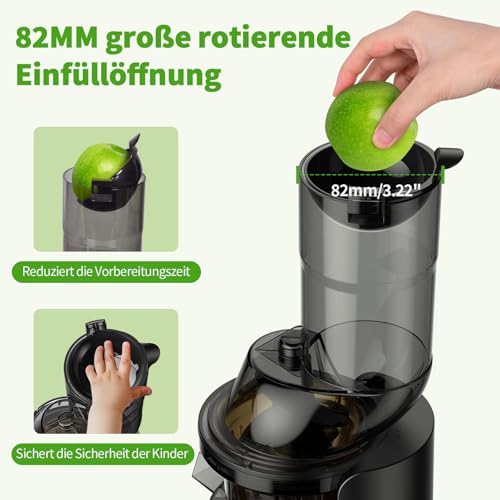 AIRMSEN Slow Juicer, Entsafter Gemüse und Obst mit 82mm Großem Einfüllöffnung für ganze Früchte entsaften, Max 450W BPA freie Cold Press Juicer Machine mit 2 Behälter und Bürste - Schwarz – Bild 3