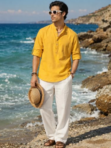 Image of Majestic Man Men's Pure Cotton Solid Mandarin Collar Slim Fit Roll-Up Sleeves Short Kurta Lightweight Summer Kurta for Daily & Occasion Use