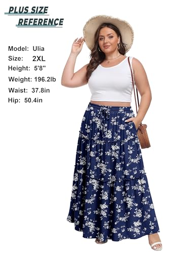 Image of Lepunuo Womens Casual Boho High Waisted Flowy Maxi Skirts Tiered Floral Long Skirts with Pockets for Summer Beach Vacation