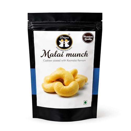 Image of DRIYOZ Malai Munch Rasmalai Flavoured Cashews 250g | Premium Crunchy Kaju Coated with Creamy Malai Granules | Gourmet Indian Sweet Snack for Gifting, Festivals & Celebrations