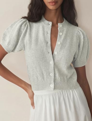 Image of Womens Puff Short Sleeve Cardigan Sweaters Cropped Button up Lightweight Y2k Knit Summer Cardigans