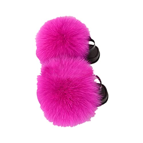 LVCOMEFF Girls Toddler Boy Real Fox Fur Sandals with Elastic Back Strap Flats Shoes Fluffy Fuzzy for Kid Child (hot Pink, Numeric_13)