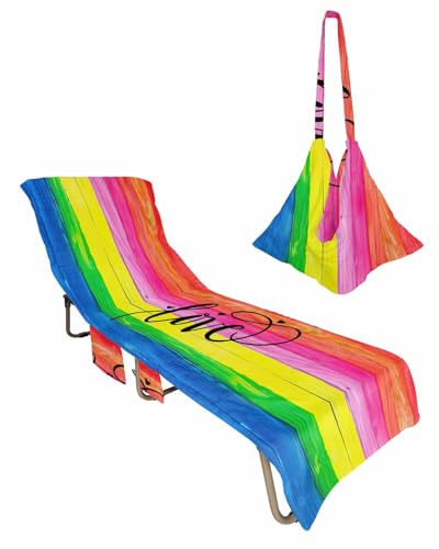 Love Rainbow Beach Chair Towel Covers for Chaise Lounge with Side Pocket, Soft Plush Pool Towels Cover for Patio Sunbathing Outdoor 29''x85'' Colorful Watercolor Wood Grain