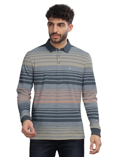 Image of BULLMER Striped Textured Printed Polo Neck Fullsleeve T-Shirt with Rib for Men