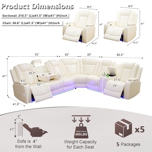 Image of Power Recliner Sofa Sectional Couch with LED Light for Living Room, Cream White Leather Reclining Corner Sectional Sofa with 4 Recliner Seats,Cup Holder,Storage Console for House /Home