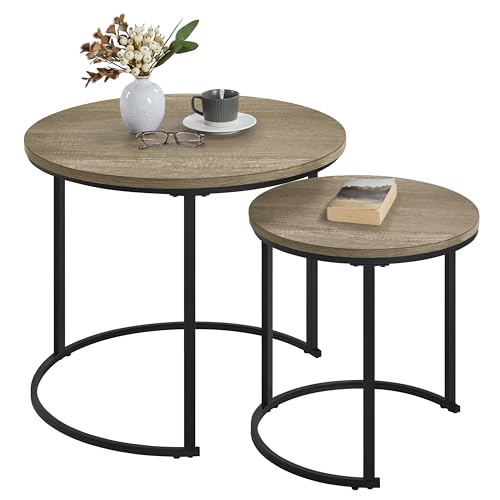 Yaheetech Nesting End Table Set of 2, Rustic Stacking Side Tables, Round Wooden Tabletop and Sturdy...