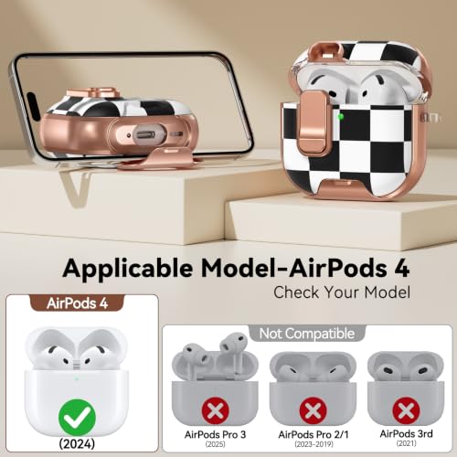 Image of for AirPods 4 Case 2024 with Safety Lock-Large Checkered | As Phone Stand, for Women Girly, with Keychain & Cleaner Kit,Two-Piece Design,Support Wireless Charging,Clear TPU+PC Material
