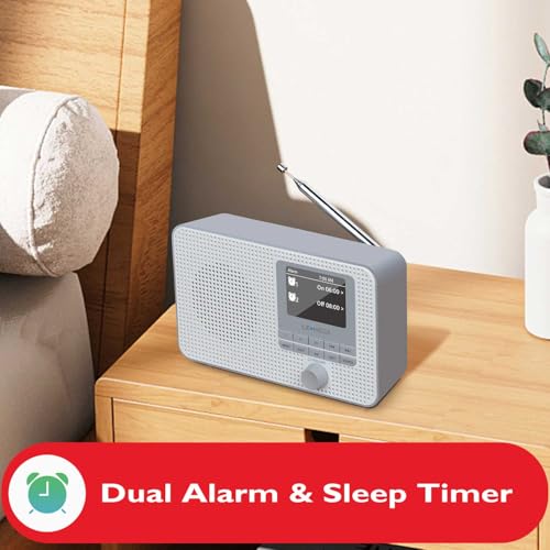 Image of LeMega IR1 Internet Radio, Podcasts, Bluetooth, FM, Grey | Alarm clock, full colour display, mains or AA battery, compact kitchen radio, snooze, sleep timer, 40 presets
