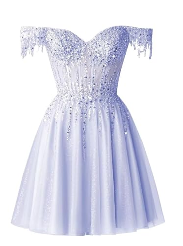 Beaded Tulle Homecoming Dresses for Teens Off Shoulder Short Prom Dress Sparkly A Line Mini Cocktail Gowns