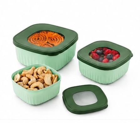 Image of Food Storage Container Set with Transparent Lid, Green | Set of 3, See-Through Lid