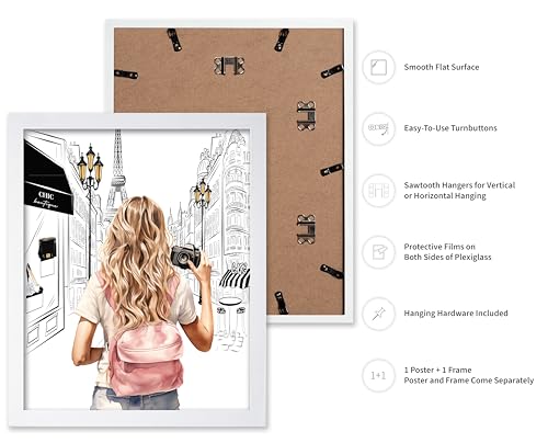 Image of Poster Master Fashion Poster - Lady With A Camera Print - Trendy Art - Paris Art - Modern Art - Gift for Women & Fashionista - Glamour Wall Decor for Bedroom or Girl's Room, 8x10 White Framed