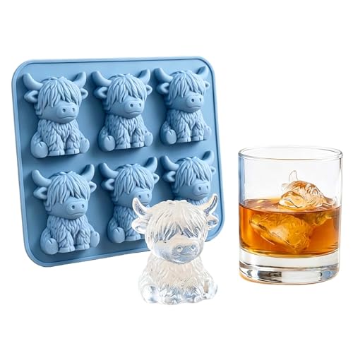 3D Blue Highland Cow Ice Cube Tray Silicone Highland Cow Ice Cube Mold for Whiskey & Cocktails Reusable Jelly Moulds Cute Farmhouse Highland Cow Gifts for Men Women