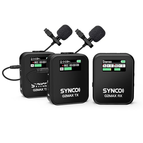 SYNCO Wireless Lavalier Microphone, G2(A2) MAX 2.4G Dual Transmitter 24 Hours Recording 656FT 8H for Online Class Vlog Stream YouTube for DSLR Phone Laptop, Professional-Lapel-Mics-for-Camer