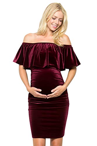 My Bump Maternity Dress Velvet - Premium Soft Stretch Ruffle Cold Shoulder Baby Shower Photography Party Bodycon Burgundy Medium #TOP13