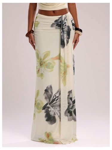 GORGLITTER Women's Floral Print Ruched Bodycon Maxi Skirts Trendy Dressy Fall Low Waisted Y2k Split Long Skirts 20253