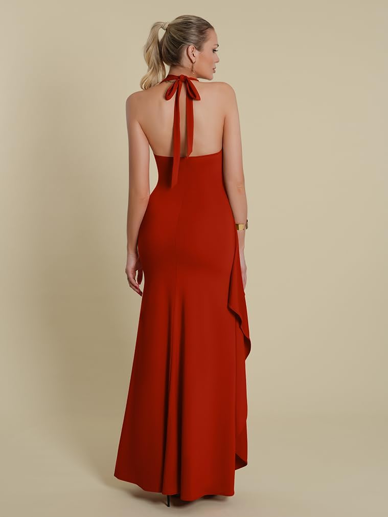 LAGSHIAN Women's Sexy Deep V Neck Halter High Split Backless Cocktail Party Formal Maxi Dress - Image 6