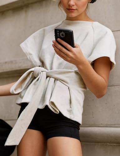 Womens Summer Short Sleeves Tee Shirts Workout Top Crewneck Tie Front Tops 2025 Sweatshirt Fashion Clothes4