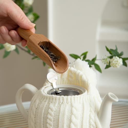 Image of One-Piece Cable Knit Teapot Cozy with Pom Pom Top, Acrylic Insulated Tea Pot Cover with 2 Button Fasteners & Lid Opening, British Style Hot Cold Insulator for 2 Cup 15-20oz Teapots,white