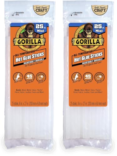 Image of Gorilla Hot Glue Sticks, Clear Glue, Mini Size 8 inch Long x 0.27 inch Diameter, 25 Count (Pack of 2) - Safe for All Temperatures with Extended Working Time