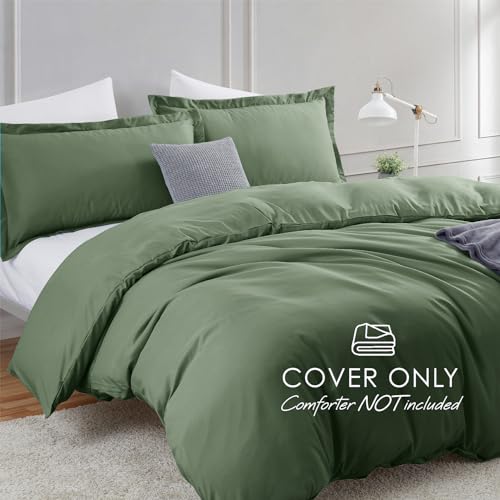 Image of Hearth & Harbor Olive Green Duvet Cover Full Size, 3 Piece Bedding Set | Soft Double Brushed Bedding Set, Button Closure, 1 Duvet Cover 80x90 Inches, 2 Pillow Shams