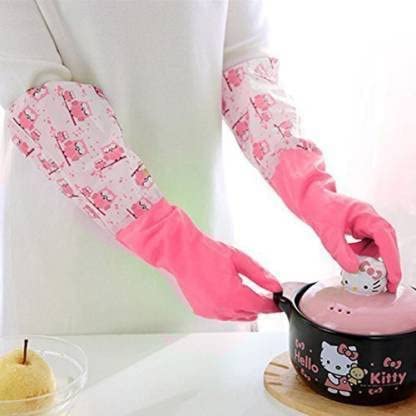 Image of Reusable Rubber Latex PVC Flock lined Long Sleeves elbow length Hand Gloves for Kitchen Dish-Washing, Cleaning, Gardening, Laundry and Sanitation and Lab Work (Long Elbow Gloves + Pink)