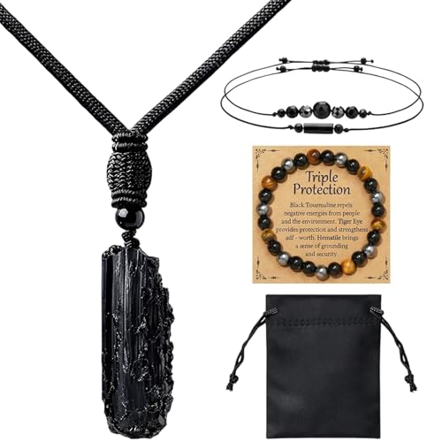 BeoTnp 4PCS Black Tourmaline Crystal Set Black Tourmaline Blacks Crystal Necklace and Bracelets Collection with Storage Pouch for Daily Wear And Birthday Gift for Both Men and Women