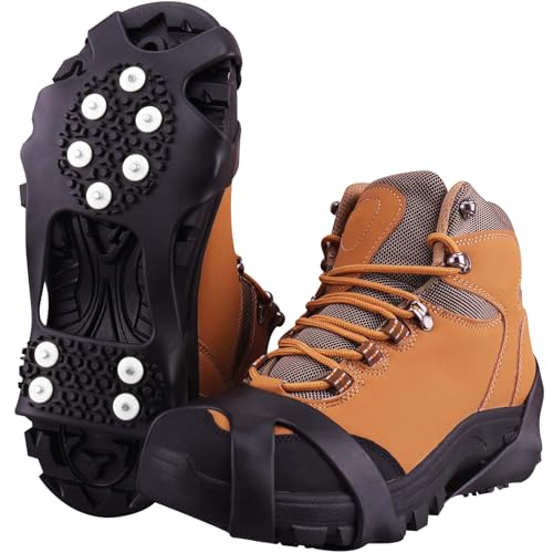 Fesoar Steigeisen für Stiefel, EIS Traktion Stollen rutschfest auf Schuhe/Stiefel 10 Stollen Schnee EIS Steigeisen Spikes (M)